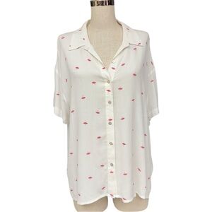 My Danielle White Pink Umbrella Print Flowy Button-Up Blouse, Size Large